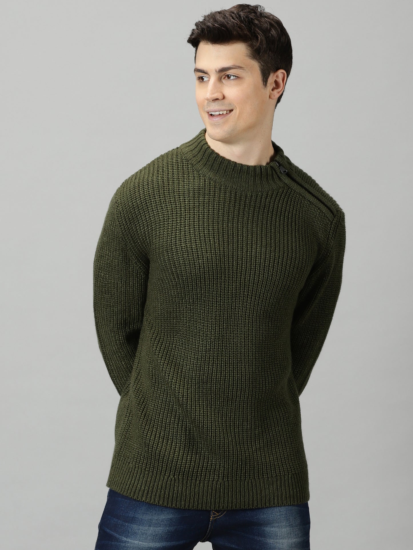 Deep Olive High Neck Side Zip Sweater