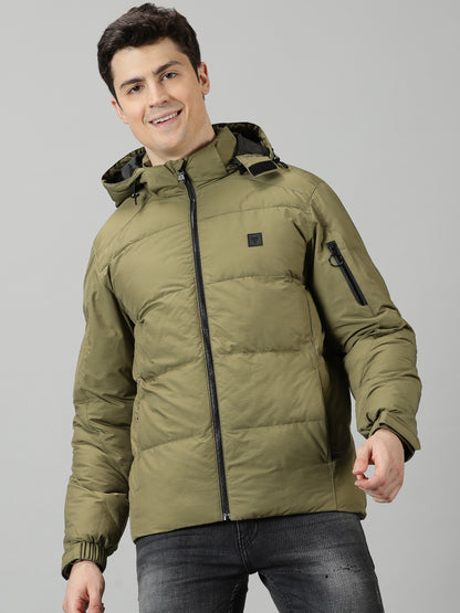 Olive Puffer Jacket with Detachable Hood