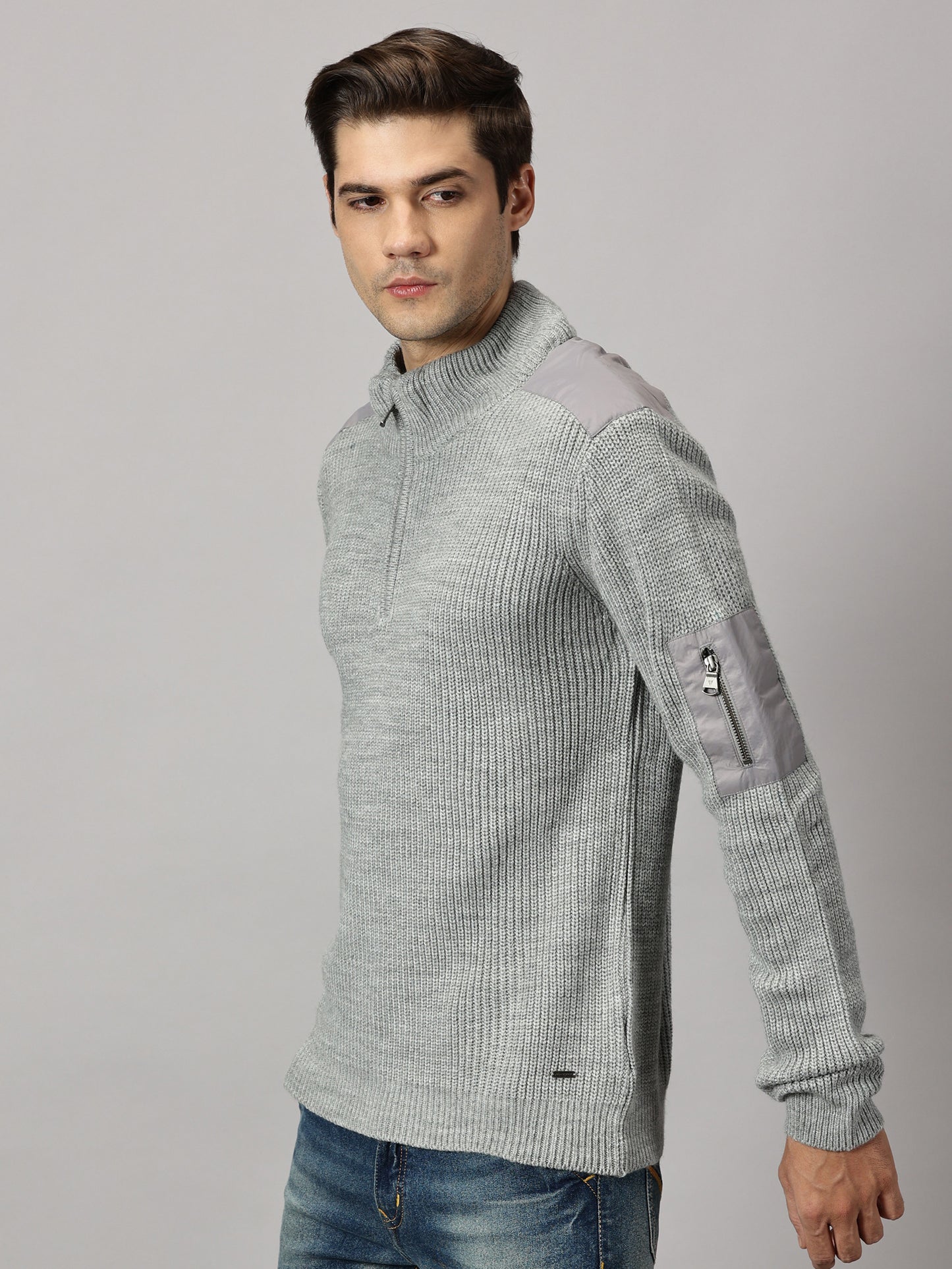 Ash Grey Half Zip High Neck Sweater