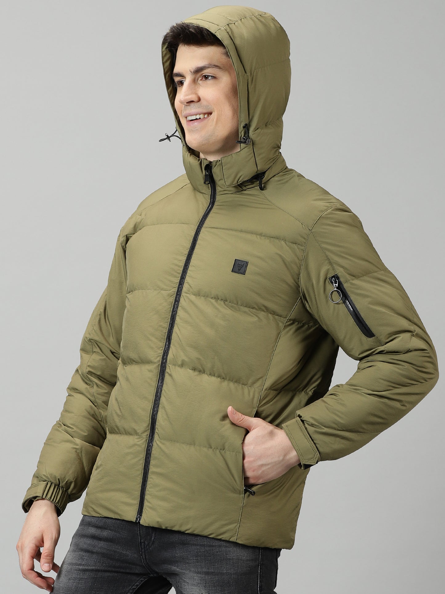 Olive Puffer Jacket with Detachable Hood