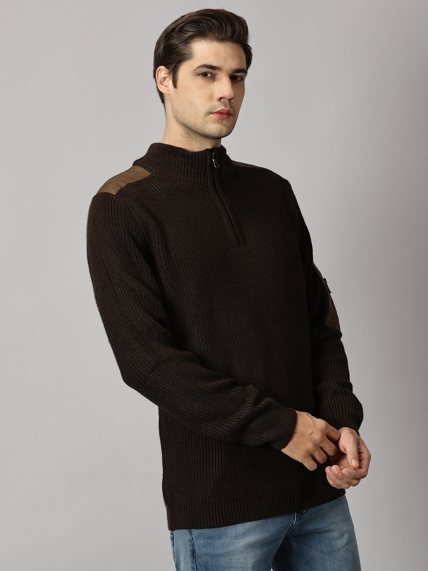 Deep Brown Half Zip High Neck Sweater