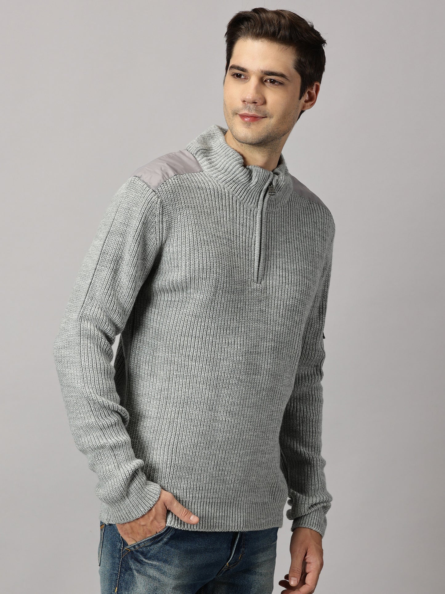 Ash Grey Half Zip High Neck Sweater