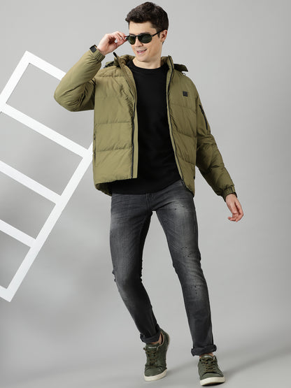 Olive Puffer Jacket with Detachable Hood