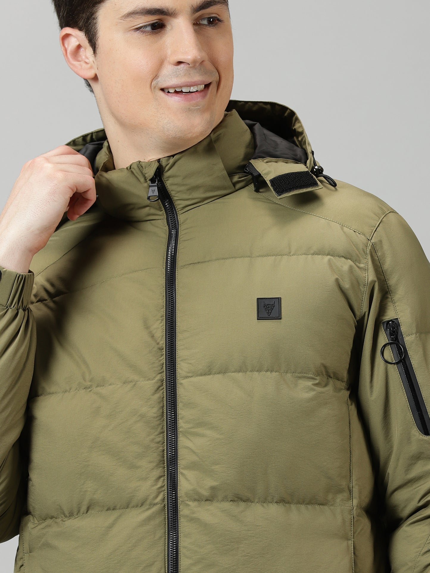 Olive Puffer Jacket with Detachable Hood