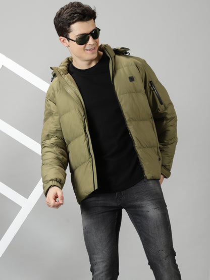 Olive Puffer Jacket with Detachable Hood