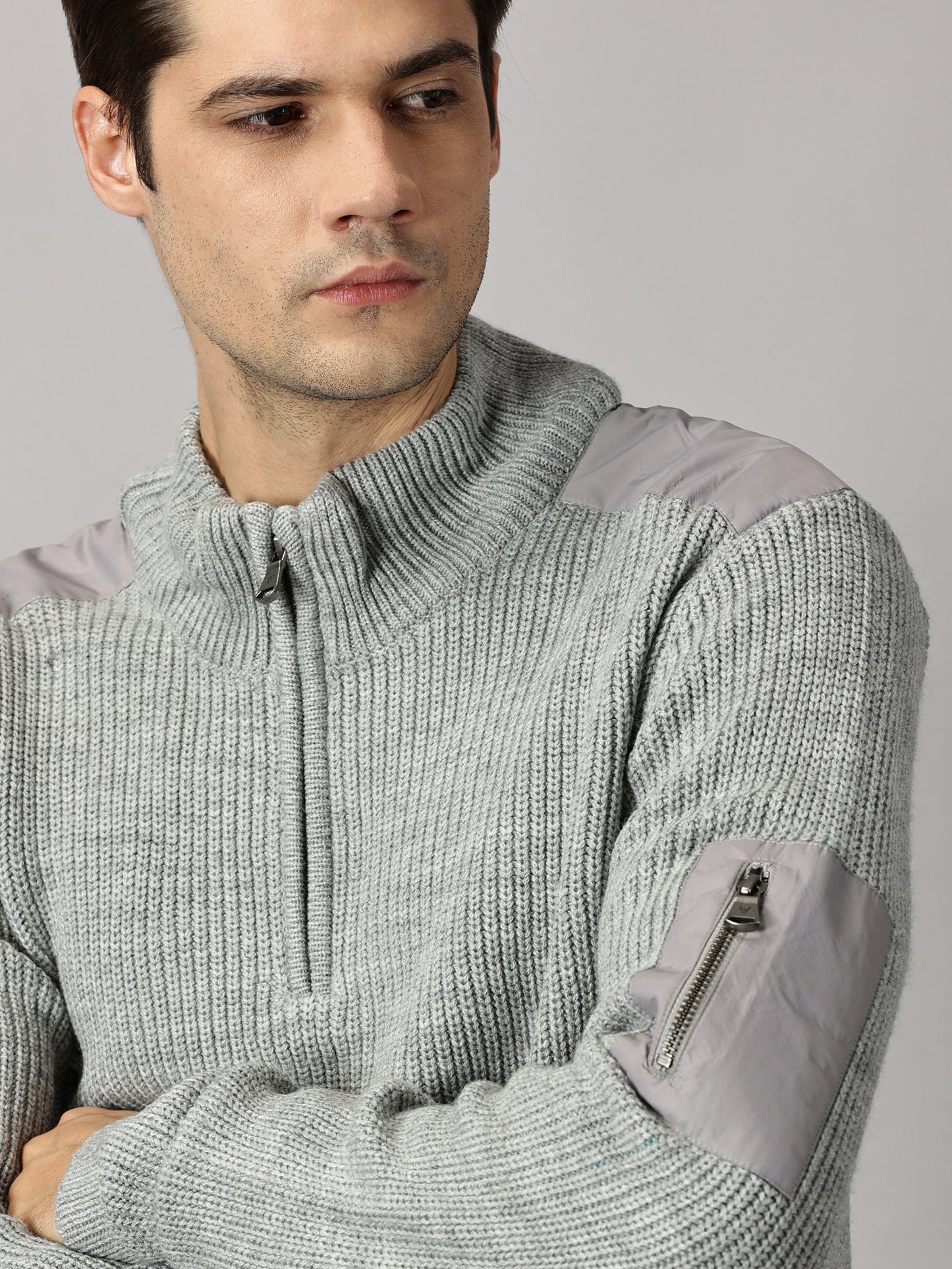 Ash Grey Half Zip High Neck Sweater