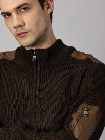 Deep Brown Half Zip High Neck Sweater