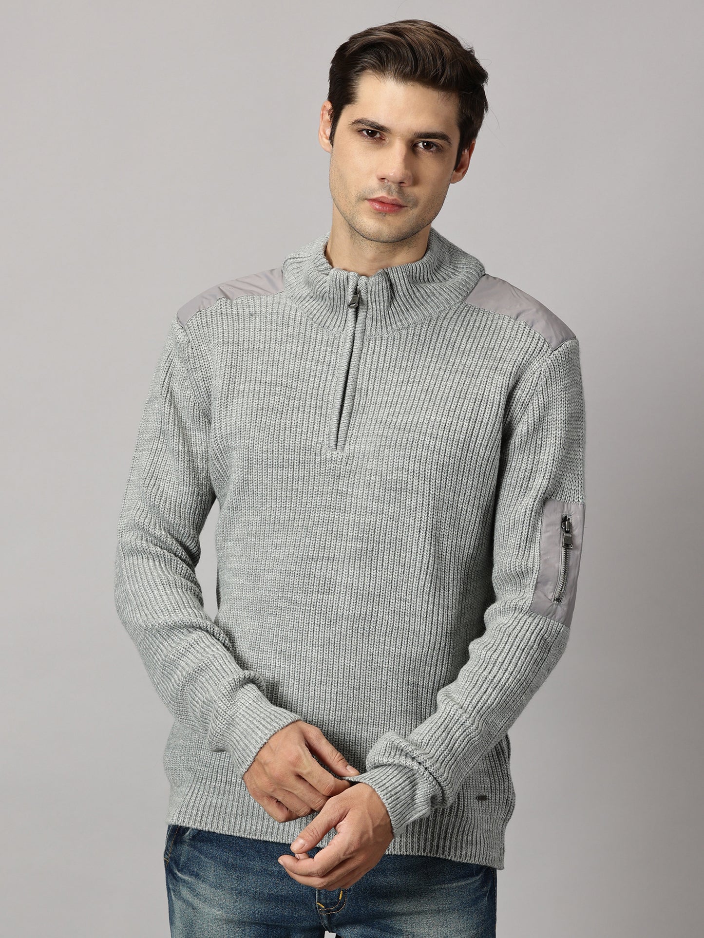 Ash Grey Half Zip High Neck Sweater